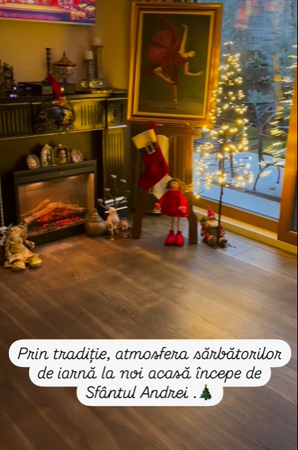 Imagini din casa Andreei Marin, decorată de Crăciun. În sufragerie are mai mulți brazi împodobiți, iar masa festivă e gata