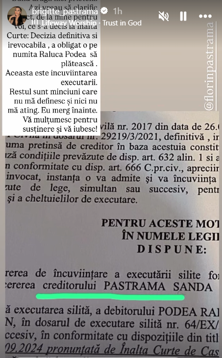 Brigitte Pastramă a câștigat procesul cu Raluca Podea. Prima reacție a soției lui Florin Pastramă. „Aceasta este încuviințarea executării. Restul sunt minciuni”