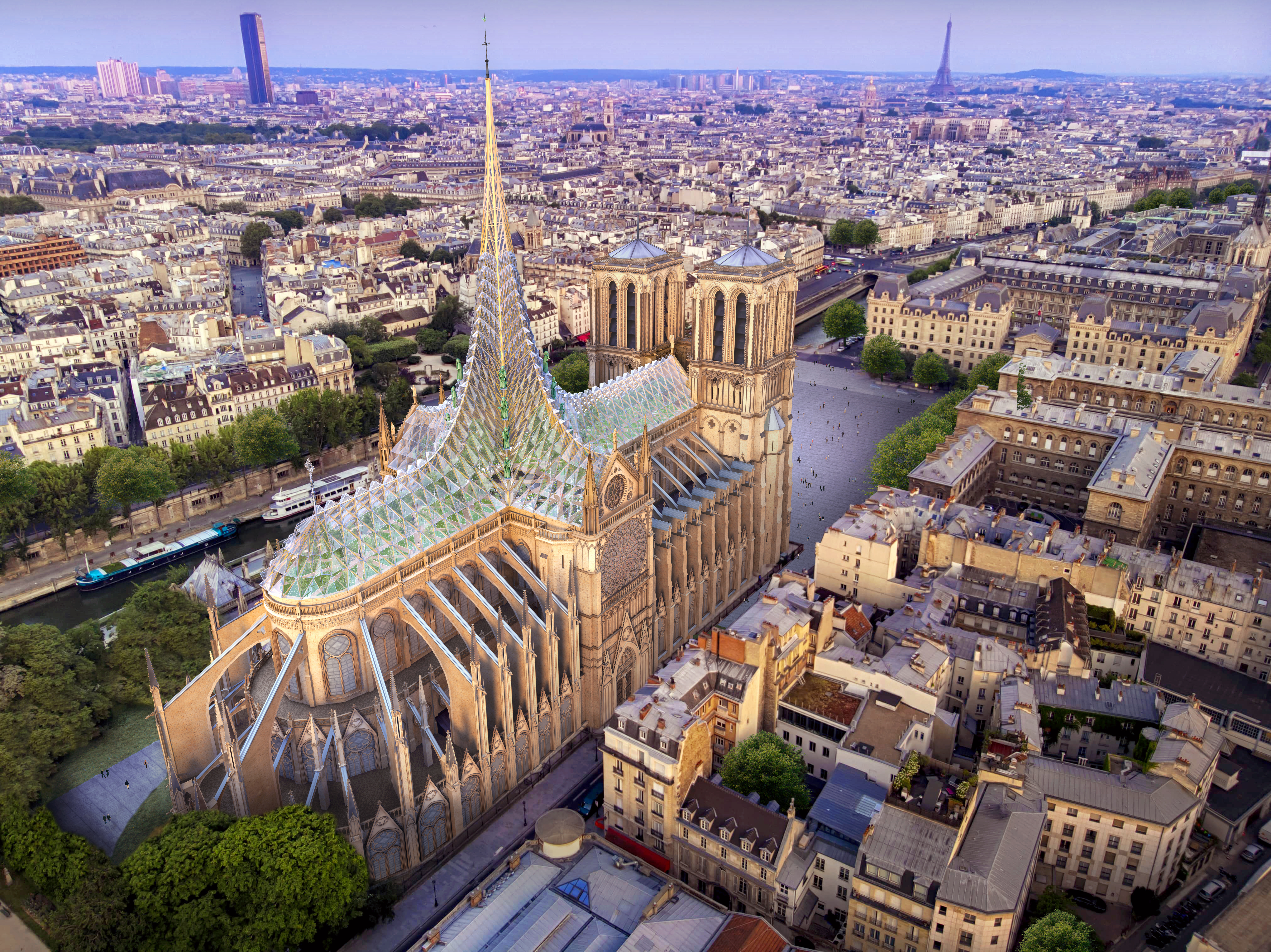 FOTO | Planul unui arhitect vizionar pentru restaurarea Catedralei Notre-Dame: O grădină de meditație și o fermă pe acoperișul clădirii la adăpostul unui dom din sticlă