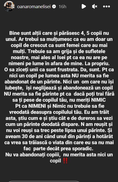 Oana Roman a răbufnit iar la adresa lui Marius Elisei: „Nu mai merită titulatura de părinte”. S-a filmat plângând și a spus prin ce trece