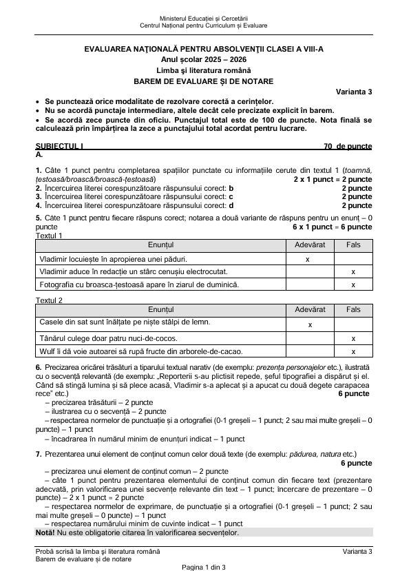 Subiectele la Română la Evaluarea Națională 2026 – Ce spune baremul de corectare