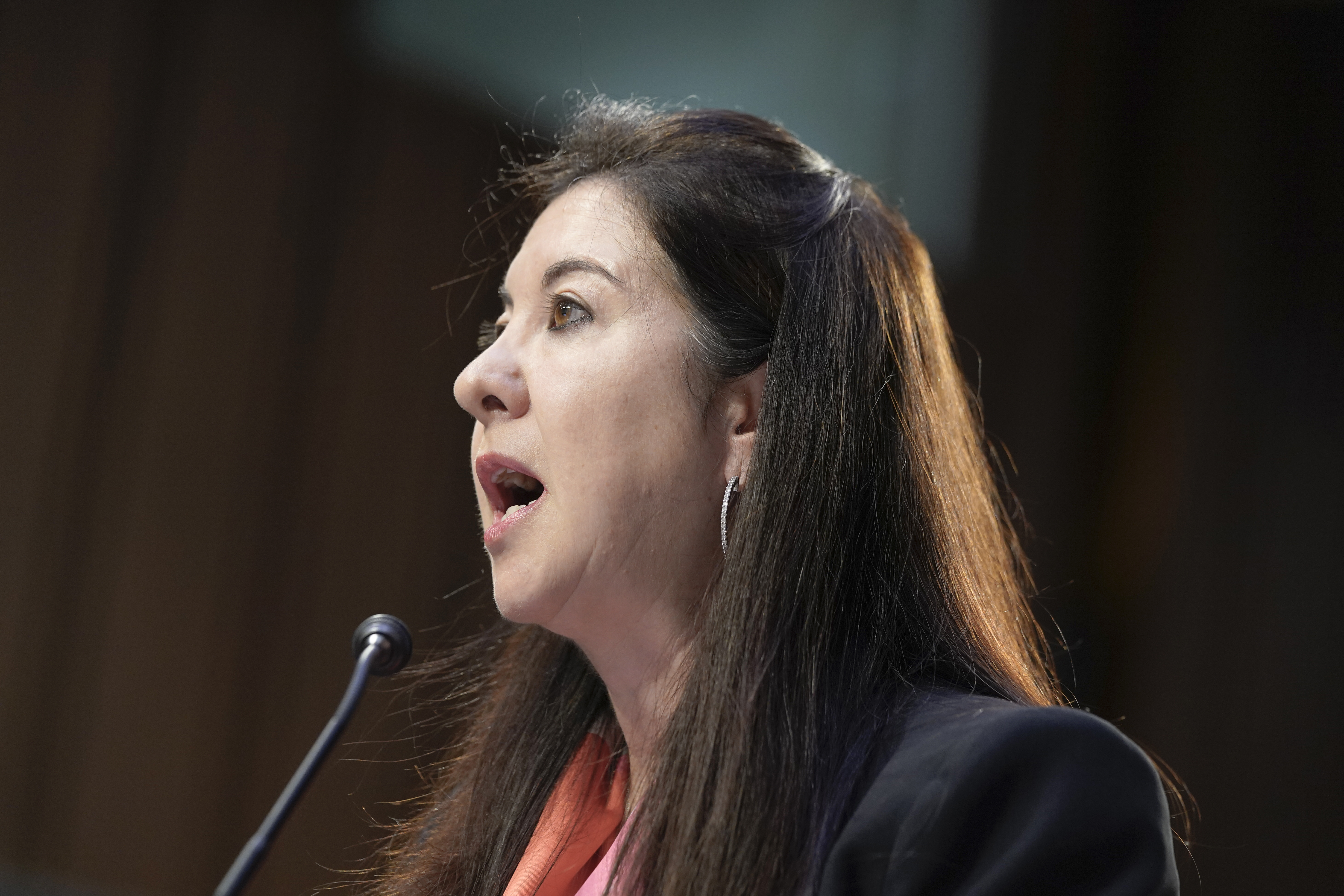 Adriana Kugler speaks during the Senate Banking, Housing, and Urban Affairs Committee hearing to examine her nomination to be a member of the Board of Governors of the Federal Reserve System on June 21, 2023, on Capitol Hill in Washington.