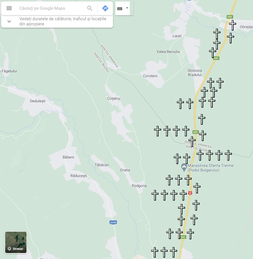 Drumul crucilor. Sunt 564 de cruci pe DN2 între București și Bacău, mai multe decât cele 550 de borne kilometrice dus-întors
