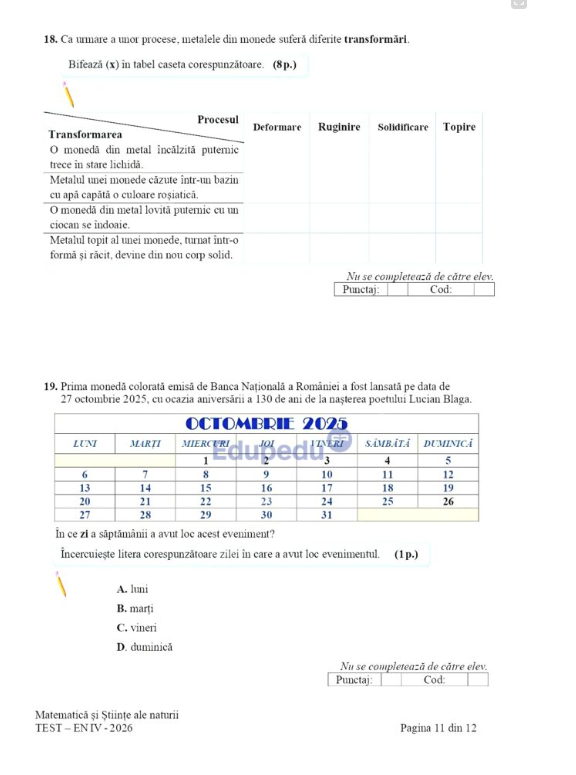 Subiecte Evaluarea Națională 2026, clasa a IV-a, proba la Matematică și Științe ale naturii: „Iulia a cumpărat o insignă pentru care a plătit 9 lei și 98 de bani. Cât reprezintă suma doar în bani?”