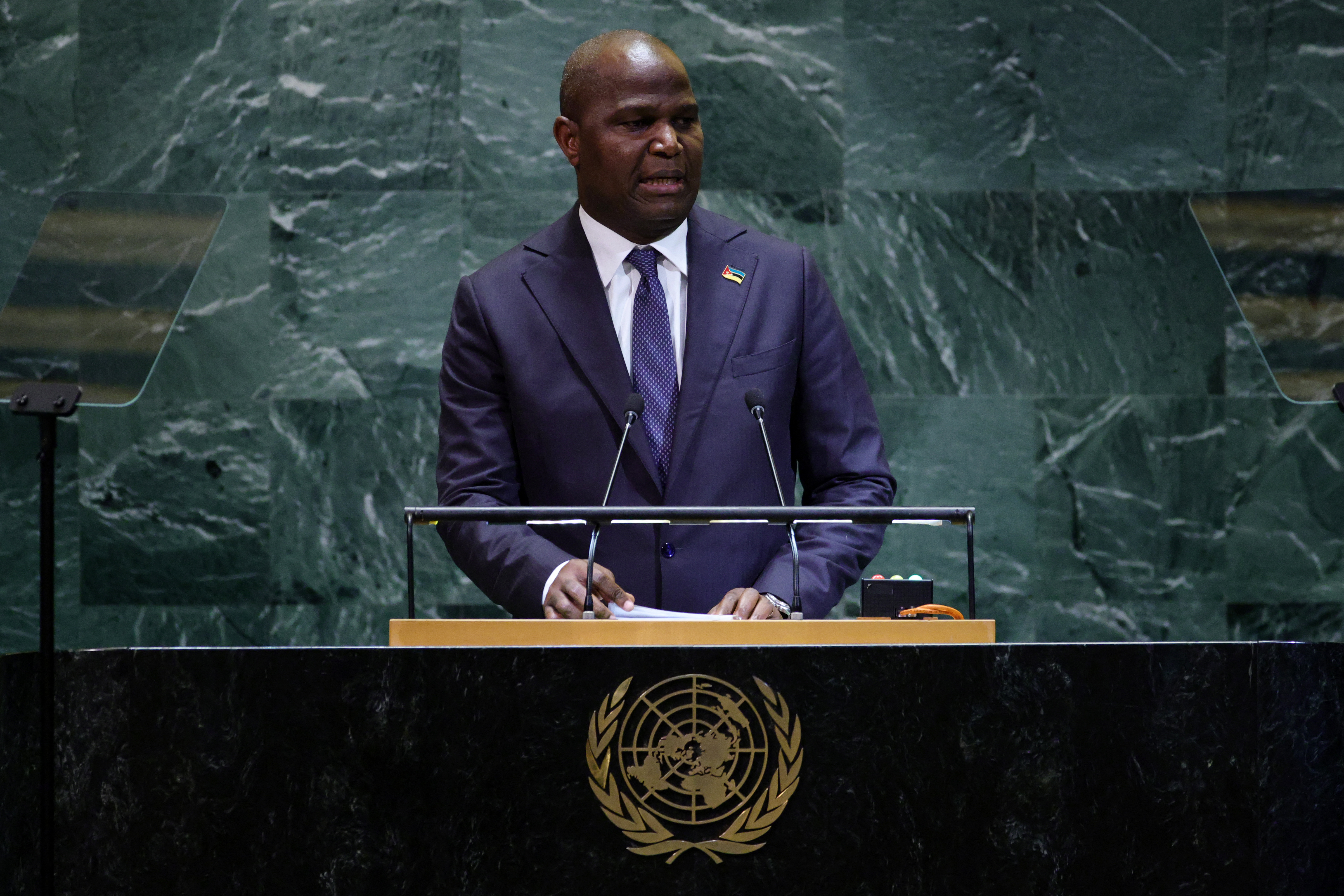 Mozambique's President Daniel Chapo speaks during the General Debate of the United Nations General Assembly at the UN headquarters in New York City on September 23, 2025. [Photo by LEONARDO MUNOZ/AFP via Getty Images]
