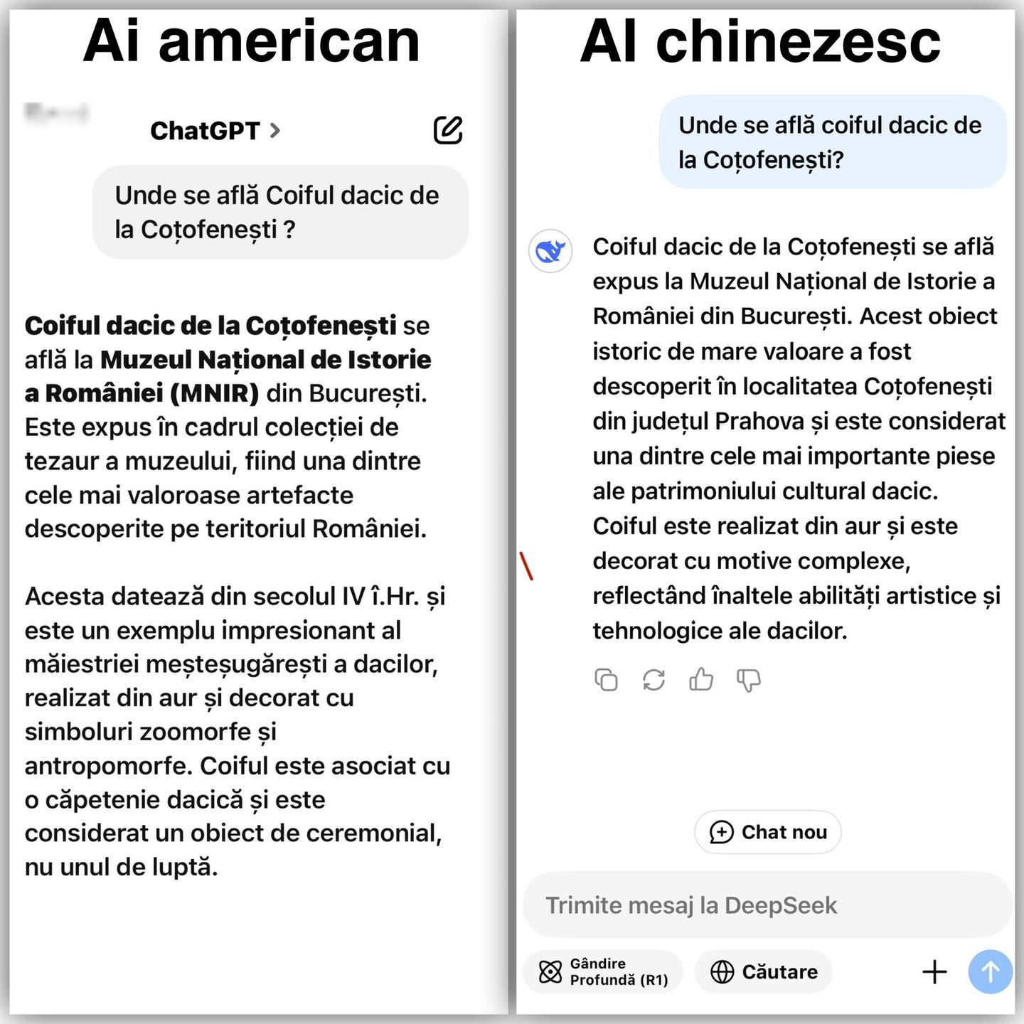 Răspunsul primit de Dan Negru de la Deep Seek și Chat GPT când a întrebat „Unde se află coiful dacic de la Coțofenești?”: „Praf ambele”