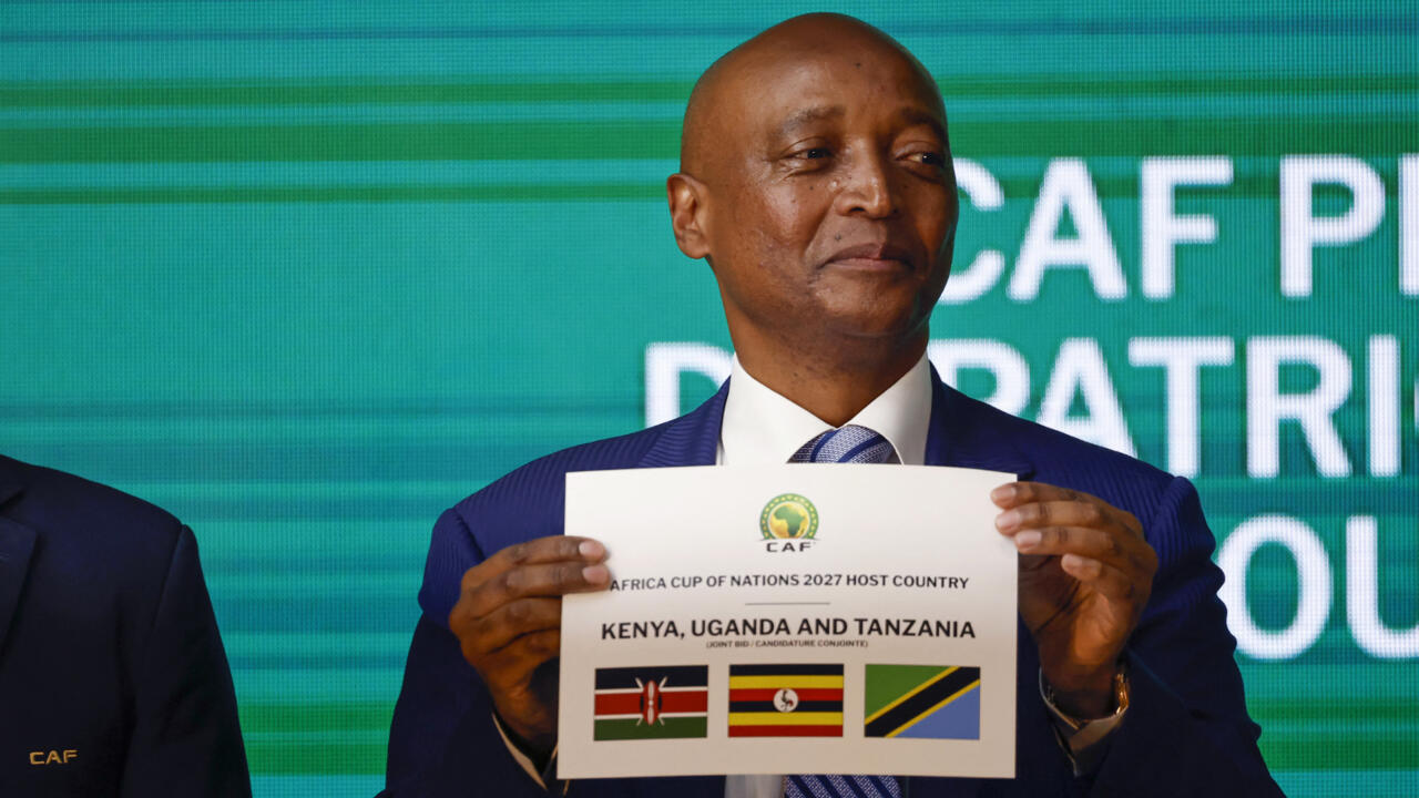 CAF chief Patrice Motsepe announces the host countries for the 2027 Africa Cup of Nations during a ceremony held in Cairo on September 27, 2023. © Khaled Desouki, AFP