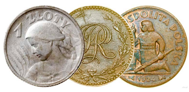 Monety II RP, tzw. żniwiarka (w obiegu od 1924 do 1932 r.) oraz monety próbne – z monogramem II RP w wieńcu (20 zł) i klęczącym rycerzem (50 zł)