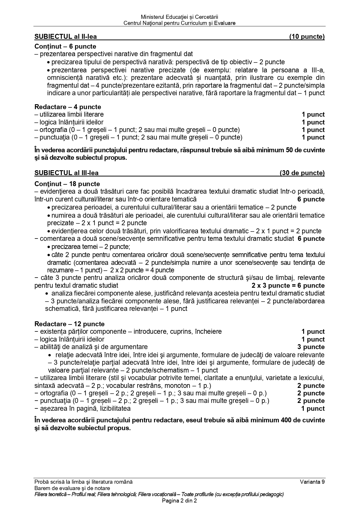 Baremul de corectare la BAC Română 2025 - sesiunea de toamnă