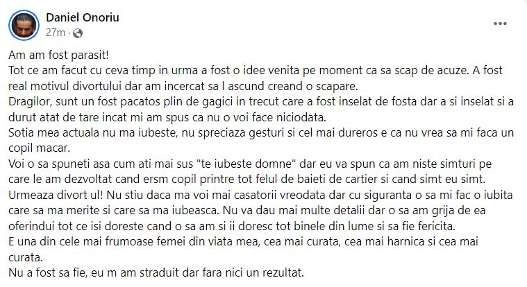 Daniel Onoriu a anunțat din nou divorțul de Isabela: „Am fost părăsit. Nu vrea să-mi facă un copil”