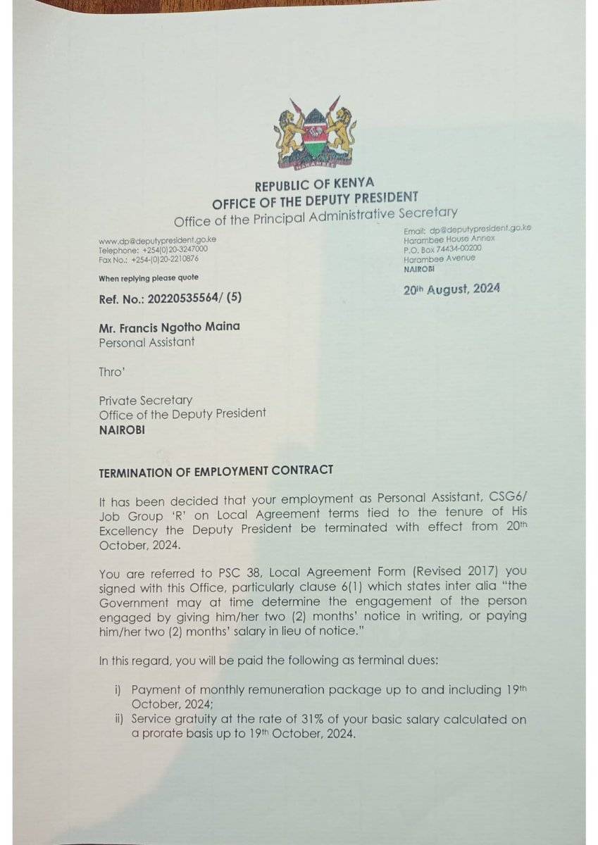Letter terminating Francis Ngotho's employment at Deputy President's office