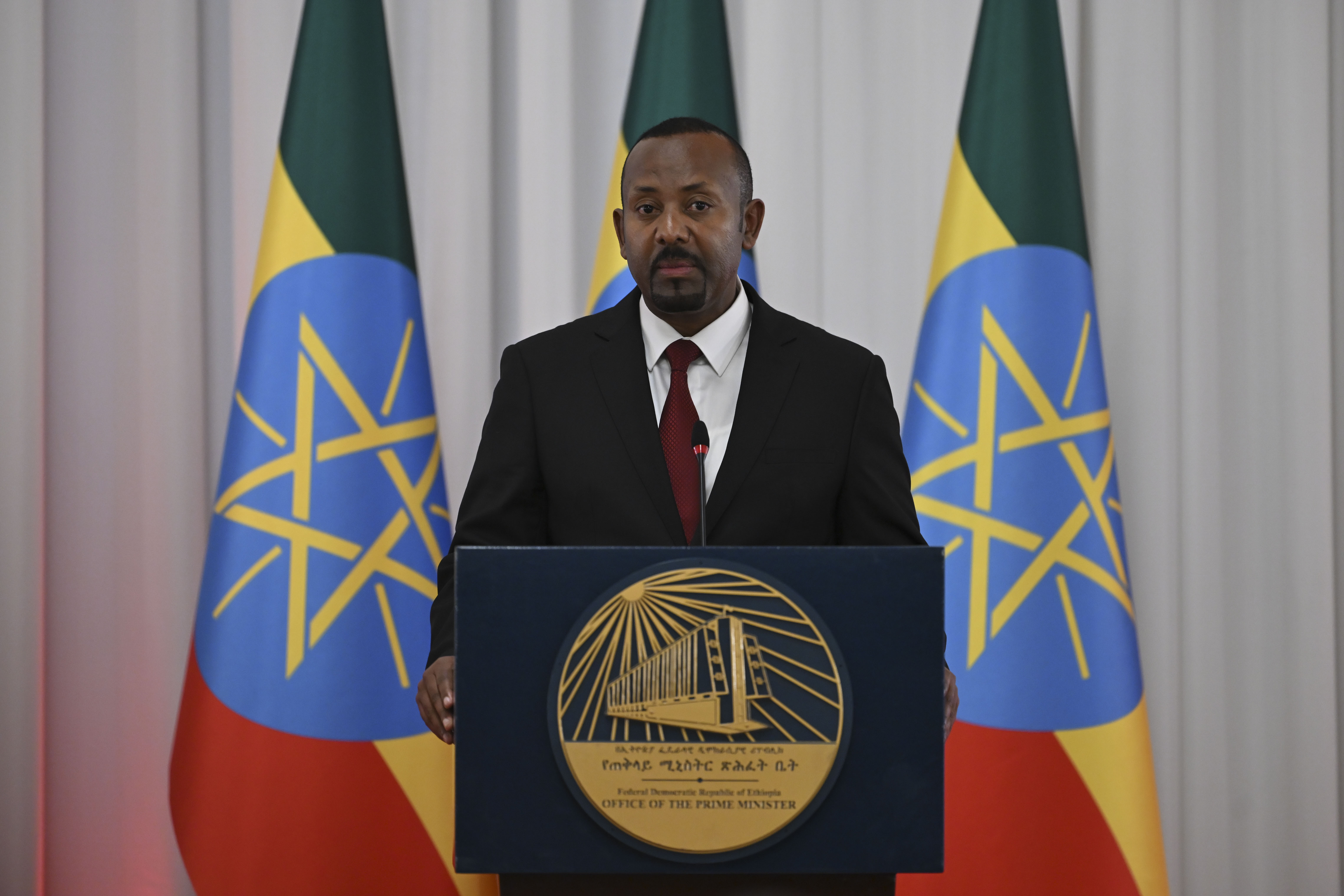 Ethiopian Prime Minister Abiy Ahmed attend press conference following the one-on-one and delegation-level talks in Addis Ababa, Ethiopia on February 17, 2026. [Photo by Utku Ucrak/Anadolu via Getty Images]
