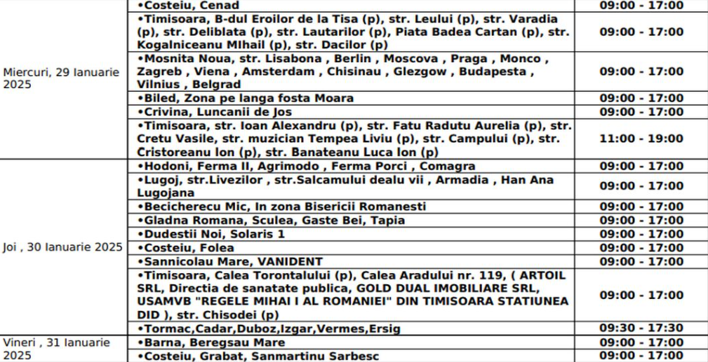 Se oprește curentul în Timișoara. Lista cu zonele afectate în perioada 27 ianuarie - 31 ianuarie 2025