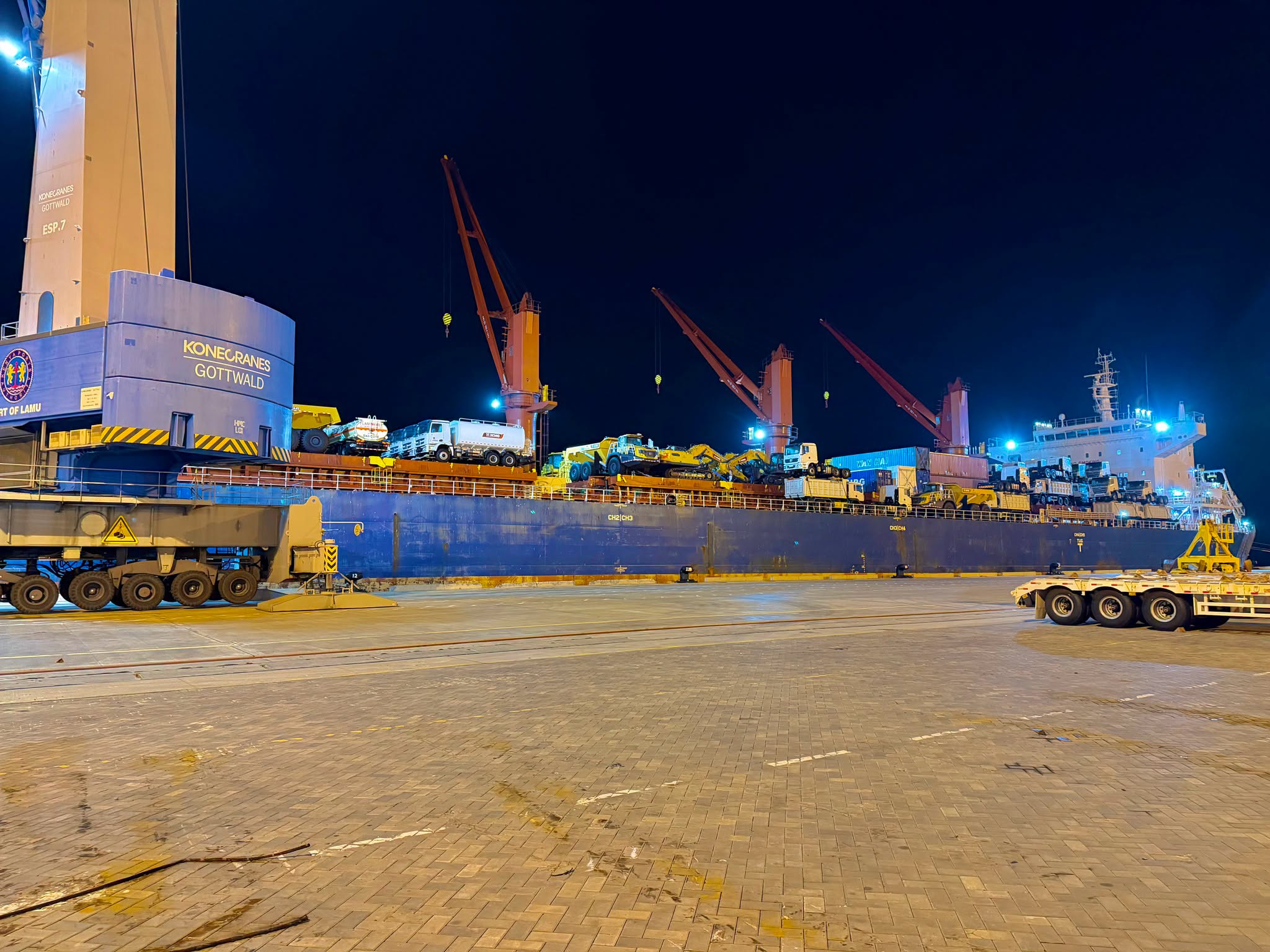 The vessel MV Great Glory arrived Lamu port carrying 154 assorted pieces of heavy machinery destined for the project (Image: Kenya Ports Authority/Facebook)