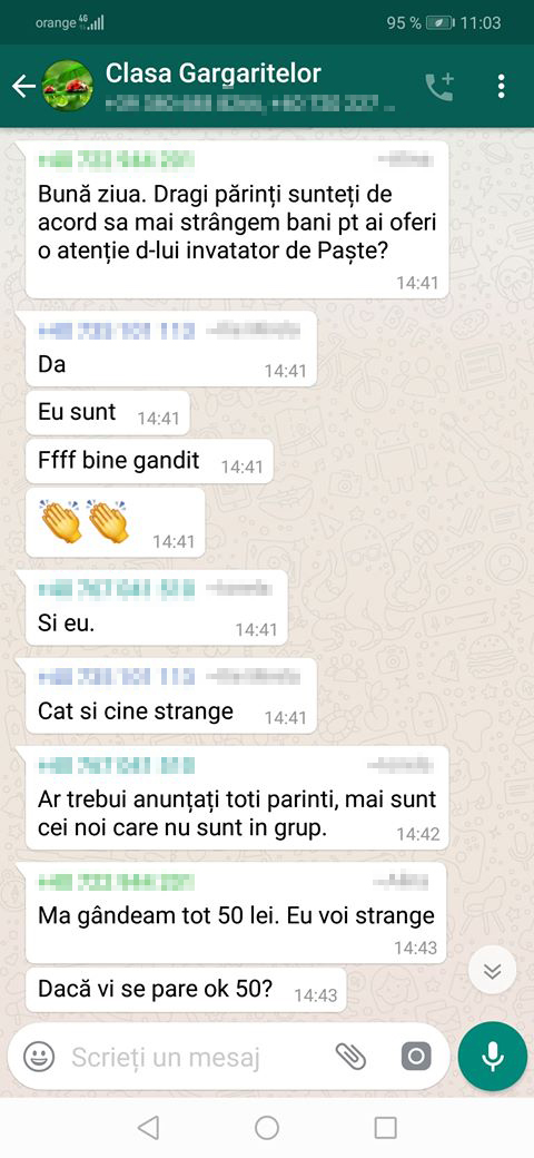 Discuții pe WhatsApp despre cum strâng părinții bani pentru cadourile de Paște ale dascălilor: “Un coș cum s-a luat și de Crăciun și restul banilor îi dăm în plic”. Câți bani scoate un părinte din buzunar