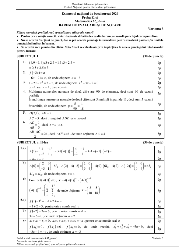 Examenul de BAC la Matematică 2026, pentru elevii de la real, s-a încheiat. Baremul a fost publicat
