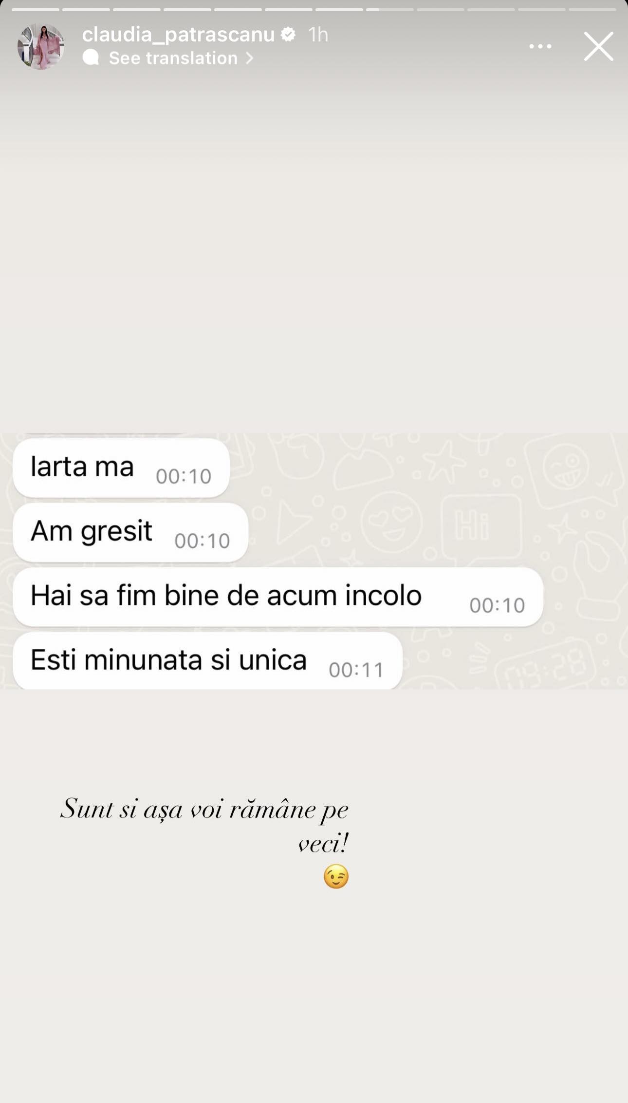 Claudia Pătrășcanu a publicat mesajele primite de la Gabi Bădălău: „Iartă-mă! Am greșit. Hai să fim bine de acum încolo”