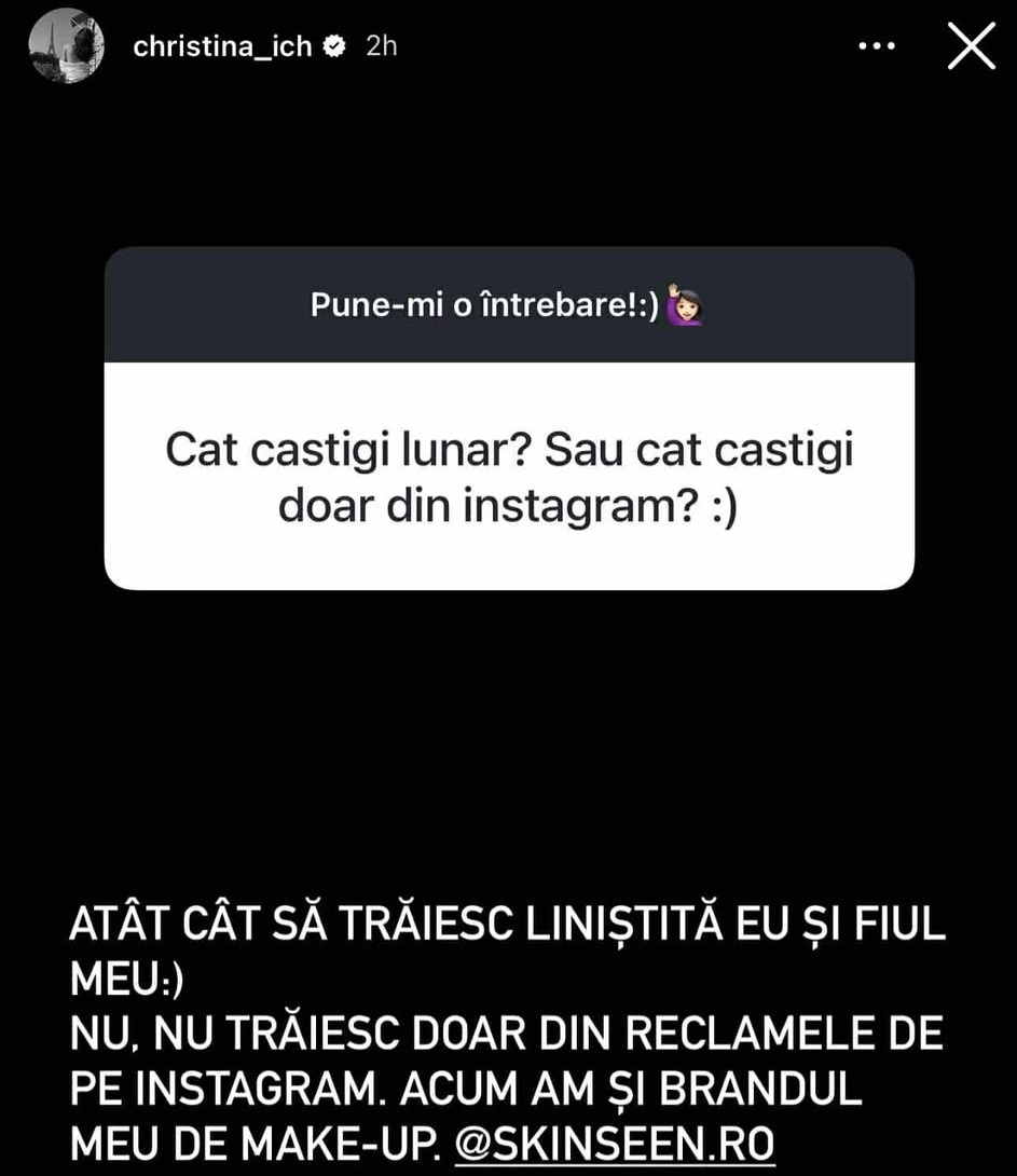 Răspunsul Cristinei Ich când a fost întrebată câți bani câștigă lunar: „Nu trăiesc doar din reclamele de pe Instagram”. Ce afaceri are
