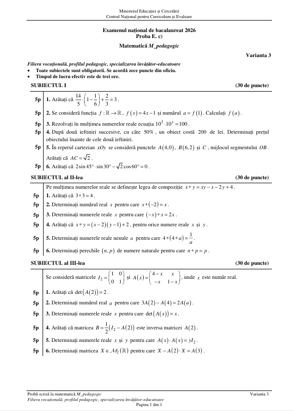 Examenul de BAC la Matematică 2026, pentru elevii de la real, s-a încheiat. Baremul a fost publicat