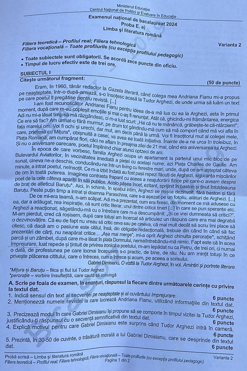 Subiectele la Română la BAC 2024, apărute în presă. Ce a picat la prima probă a examenului de Bacalaureat