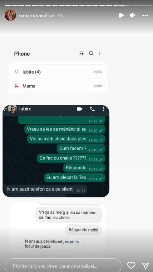 Oana Roman a postat conversația cu Marius Elisei, după ce bărbatul a acuzat-o că l-a lăsat fără chei la casă: „Eu niciodată nu am făcut scandal”