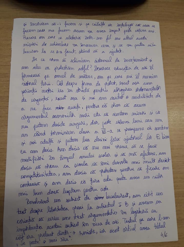 Mesajul de șase pagini transmis de o elevă în simularea de la BAC: „Am decis să protestez; nu mai vreau să se facă modificări în timpul anului școlar și să mă afecteze”