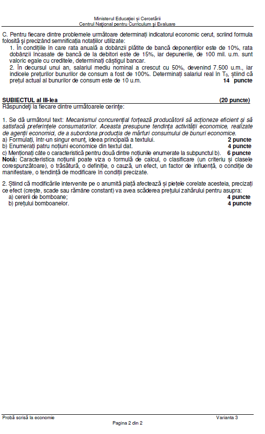 Subiecte Economie la Bac 2026. Baremul de corectare a fost publicat