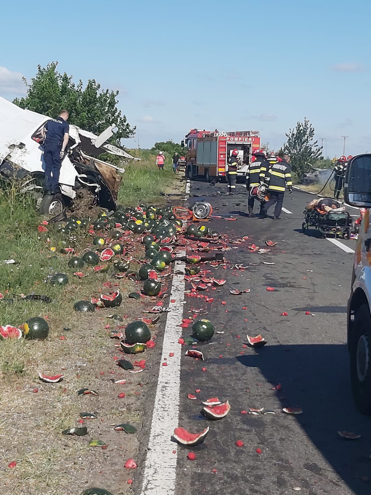 Doi șoferi morți într-un accident cu o mașină care a luat foc și o dubă de pepeni, între Izlaz şi Gârbov, în Teleorman