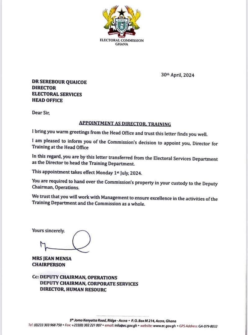 EC: Jean Mensa transfers Dr. Serebour Quaicoe to head Training Department