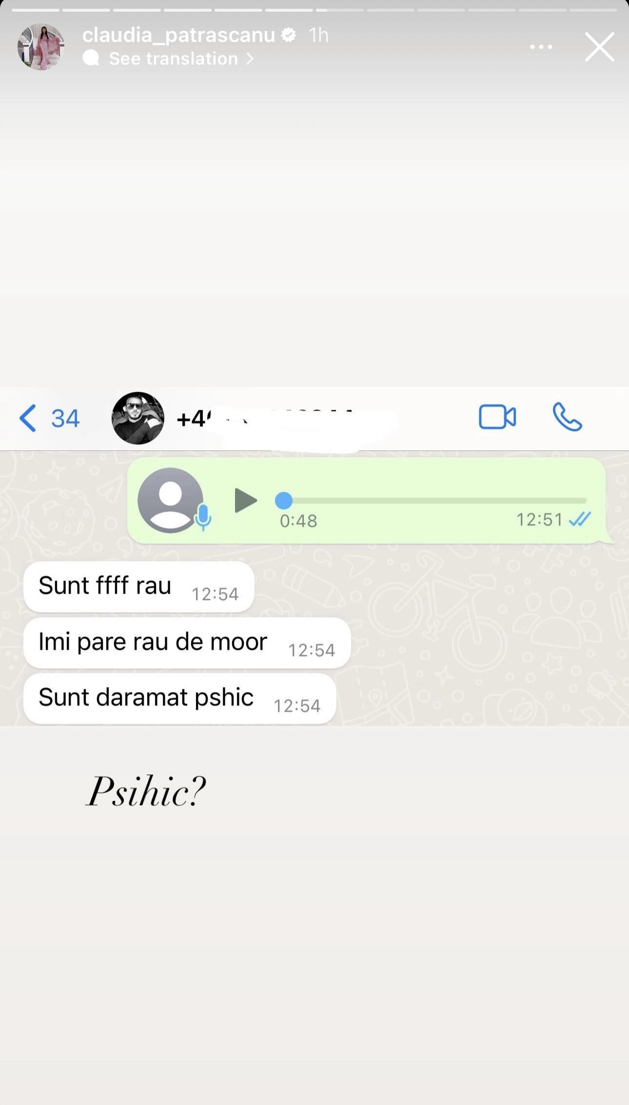 Claudia Pătrășcanu a publicat mesajele primite de la Gabi Bădălău: „Iartă-mă! Am greșit. Hai să fim bine de acum încolo”