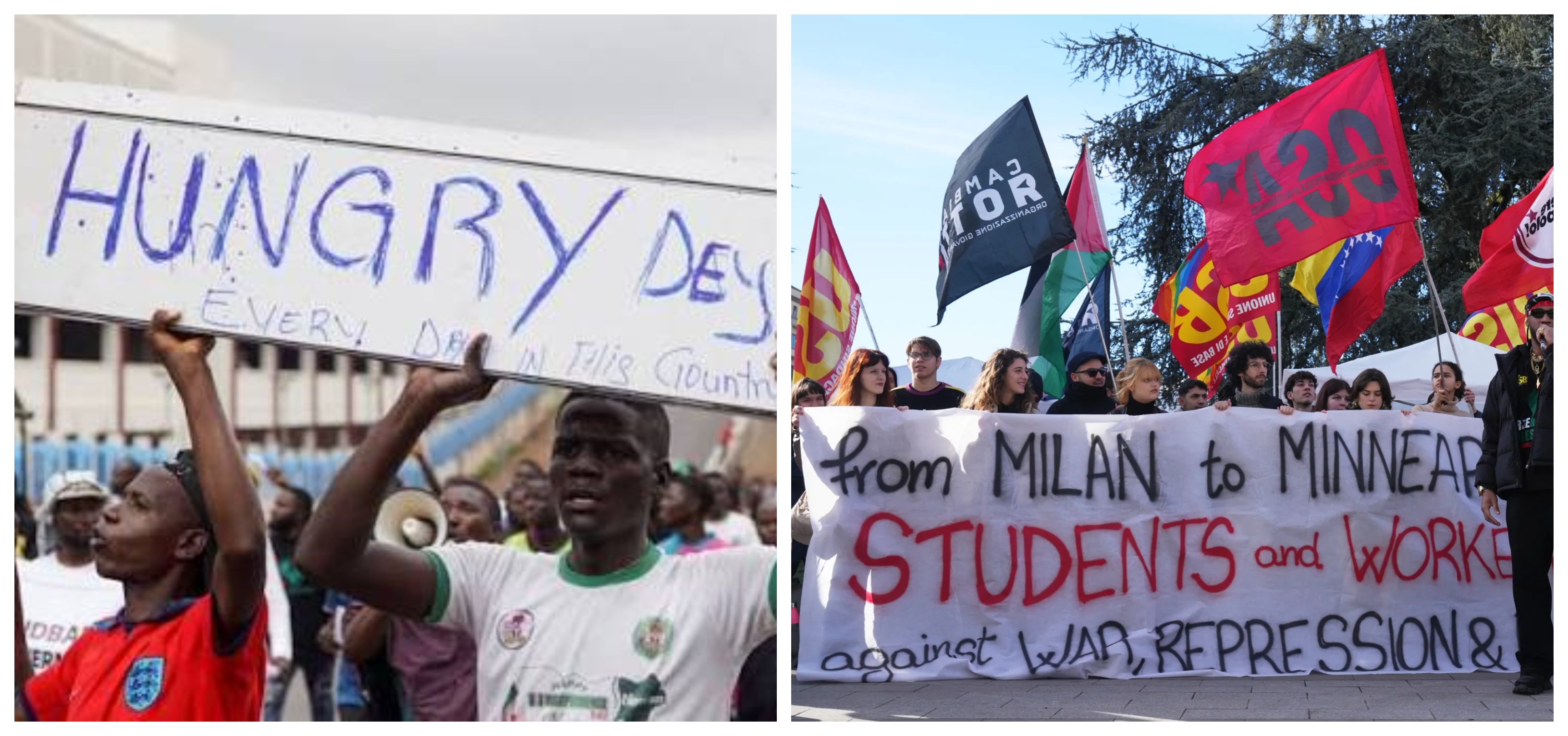 Protesters in Nigeria and Italy take to the streets over economic hardship, public services and government policies.Photo credit: The Hill / ISS Africa | Collage by BIA