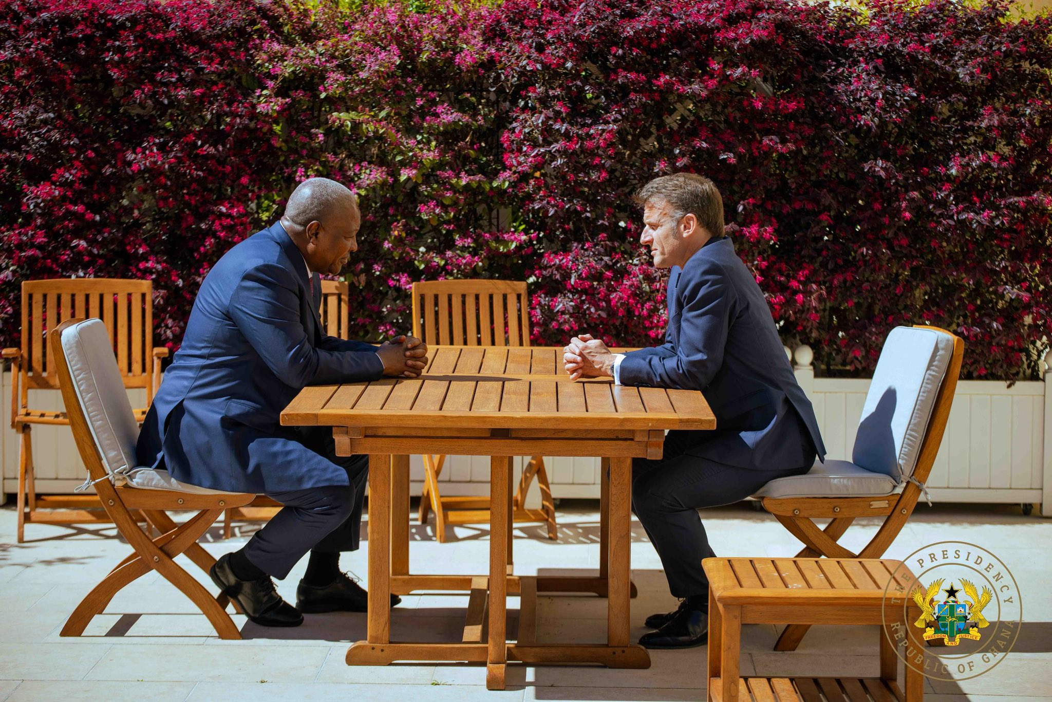 L-R President of Ghana John Mahama and President of France Emmanuel Macron [Source X @JDMahama]