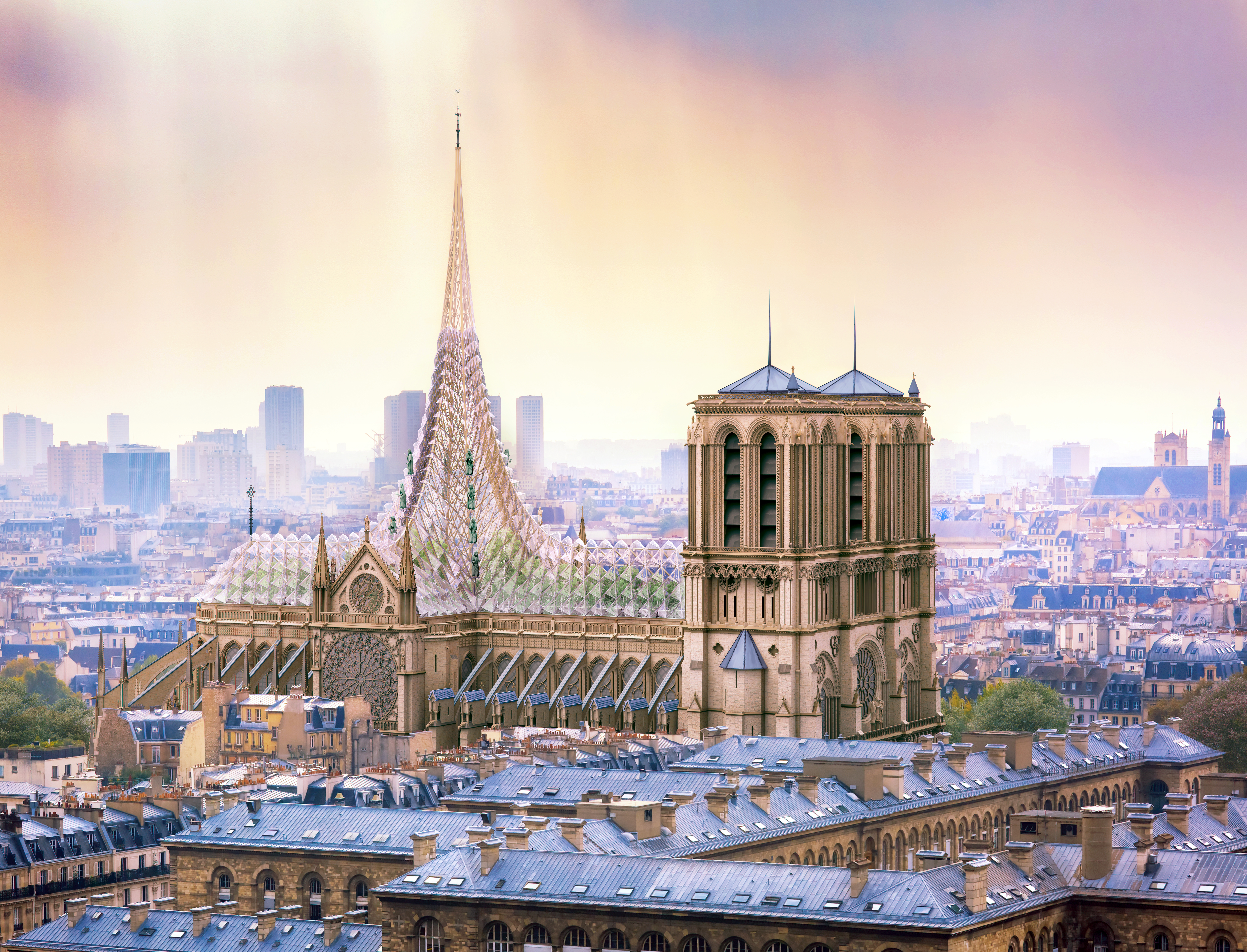 FOTO | Planul unui arhitect vizionar pentru restaurarea Catedralei Notre-Dame: O grădină de meditație și o fermă pe acoperișul clădirii la adăpostul unui dom din sticlă