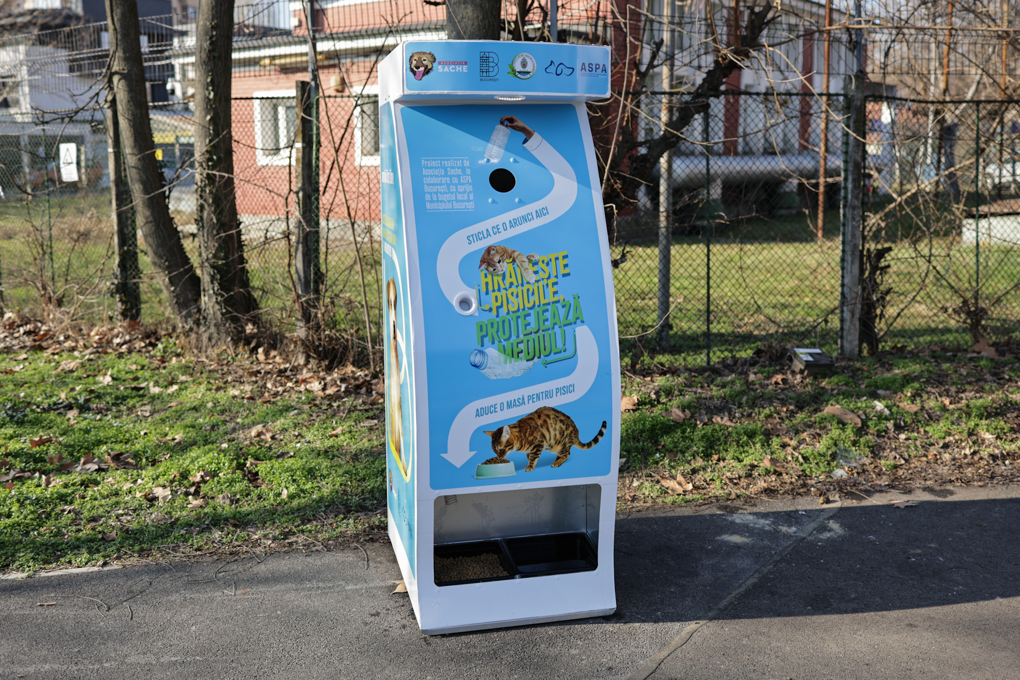 Donezi o sticlă de plastic și hrănești gratuit pisicile din parcul Tineretului din București. A fost montat primul dispozitiv inteligent pentru animăluțe