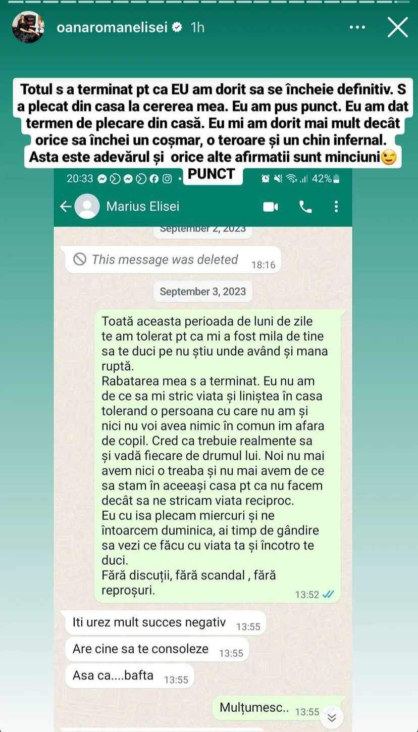 Oana Roman a făcut public mesajul de despărțire pe care i l-a trimis lui Marius Elisei: „S-a plecat din casă la cererea mea”
