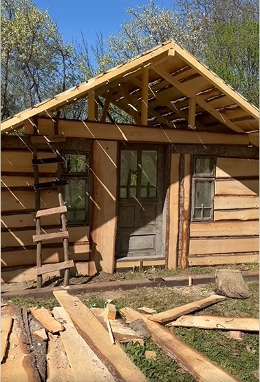 Cum arată cabana din pădure a Mihaelei Bilic după ce i-a pus acoperișul. Și-a amenajat și curtea, unde are hamac