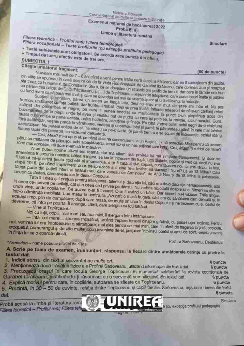 Subiecte Simulare Bac Română 2022 și barem de corectare. Ce a picat la simulare Bac 2022