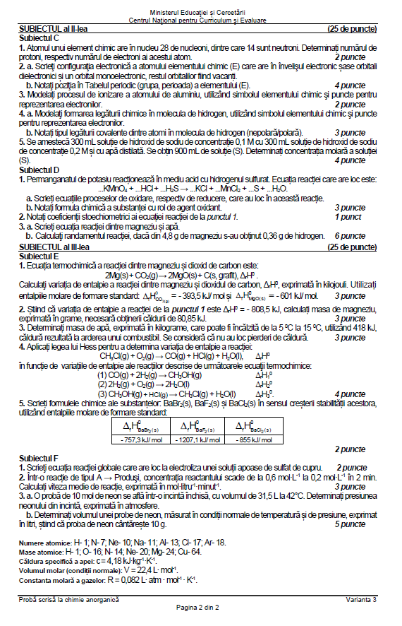 Subiecte Chimie la Bac 2026. Baremul de corectare a fost publicat