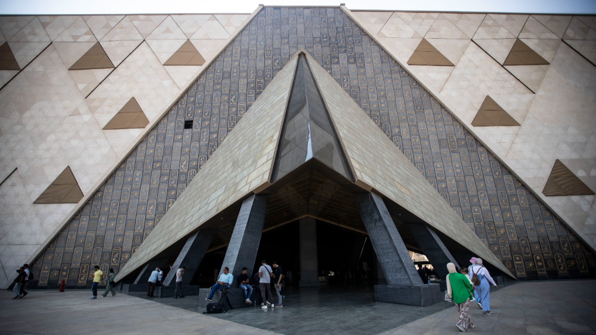 An exterior view of the entrance to the Grand Egyptian Museum (GEM) in Giza. [Photo by Mohamed Elshahed/Anadolu via Getty Images]