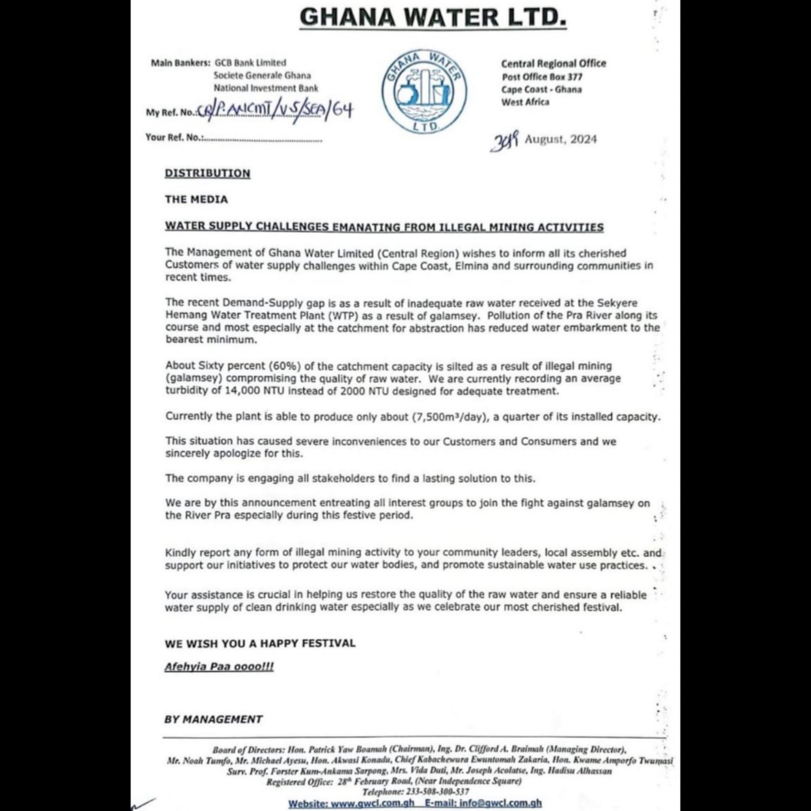 Ghana Water Company blames galamsey for erratic supply in Cape Coast