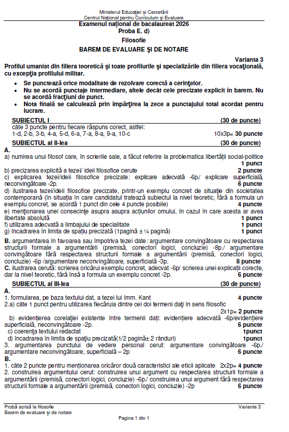 Subiecte Filosofie la Bac 2026. Baremul de corectare a fost publicat