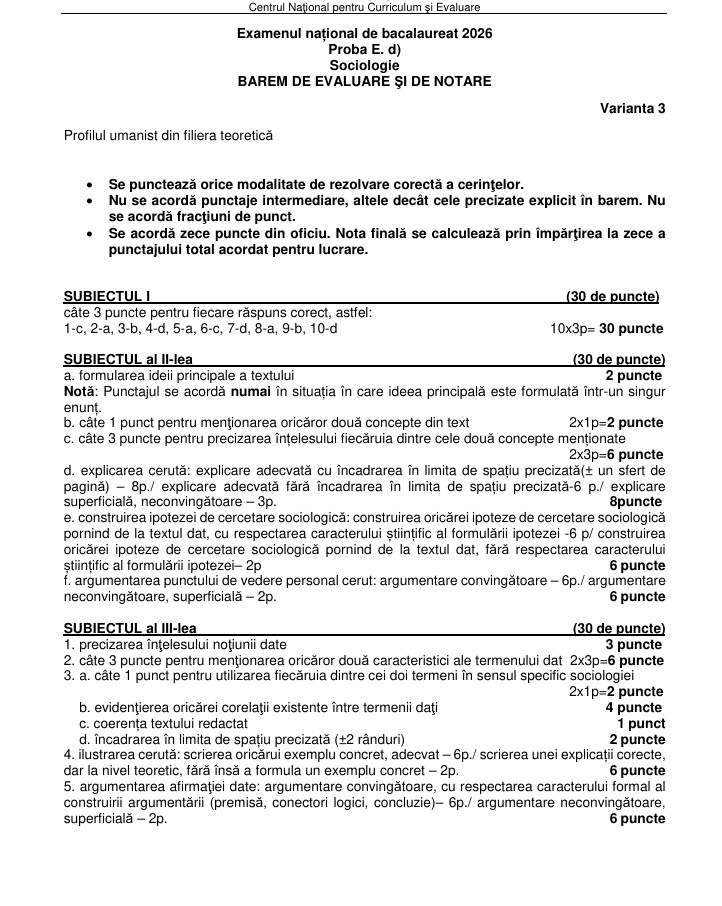 Subiecte Sociologie la Bac 2026. Baremul de corectare a fost publicat