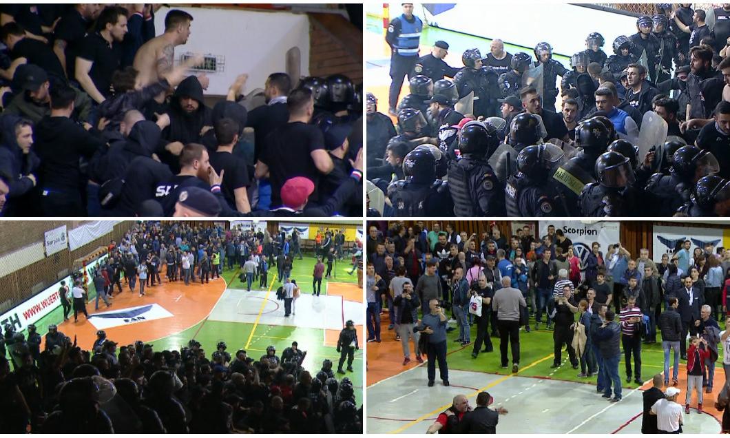 FOTO/ Scene uluitoare la Focșani, înaintea derby-ului Steaua-Dinamo la handbal. Suporterii celor două echipe s-au luat la bătaie, iar jandarmii au intervenit în forță!