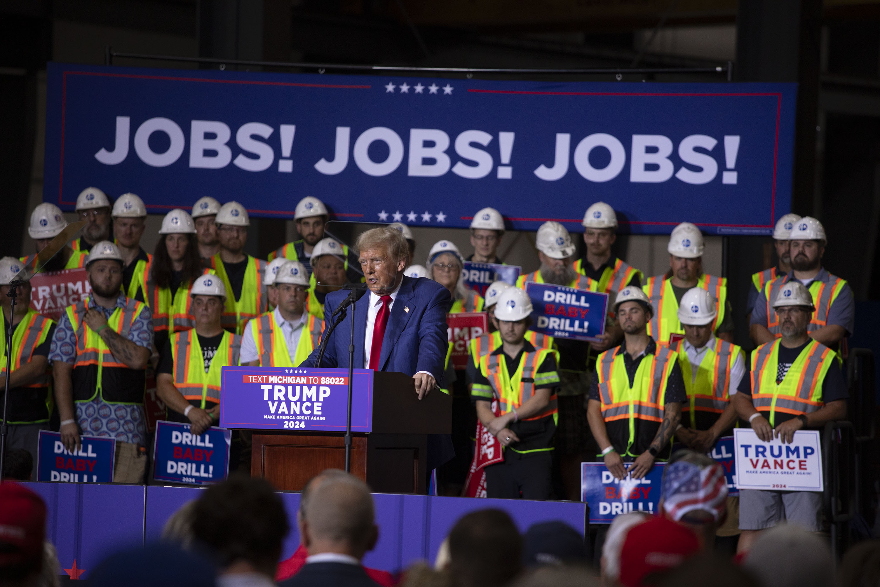 Donald Trump speaks about the economy, inflation, and manufacturing during a campaign event at Alro Steel on Aug. 29, 2024, in Potterville, Michigan.