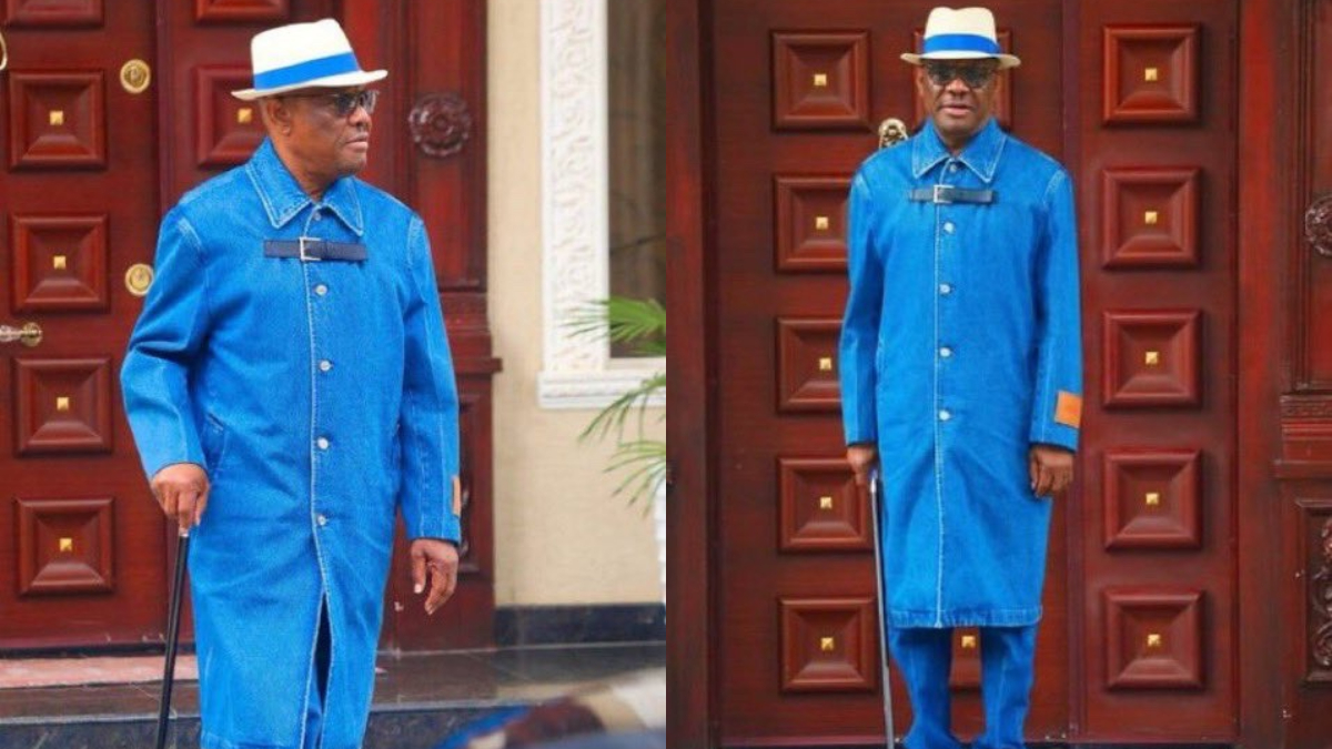 FCT Minister Nyesom Wike donning a €2,125 Versace denim street style plain cotton logo coats. [X, formerly Twitter]