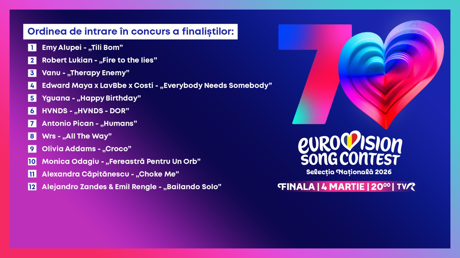 Andreea Bălan, dublu rol în finala Eurovision România 2026, din 4 martie. Care este ordinea de intrare în concurs a finaliștilor