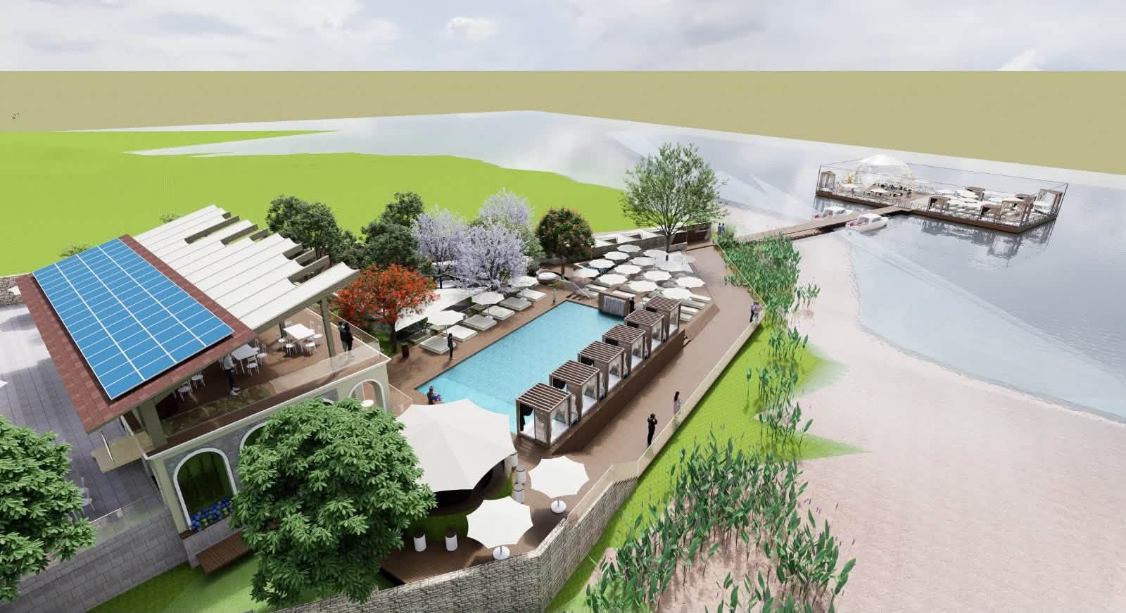 Proiect modern pe malul Lacului Surduc din Timiș: Piscină, ponton plutitor și zonă de relaxare ca în stațiuni
