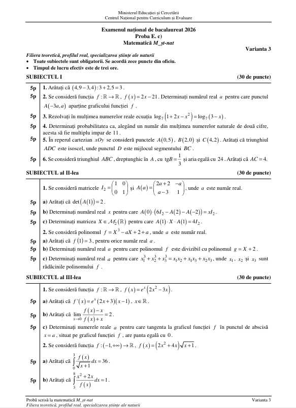 Examenul de BAC la Matematică 2026, pentru elevii de la real, s-a încheiat. Baremul a fost publicat