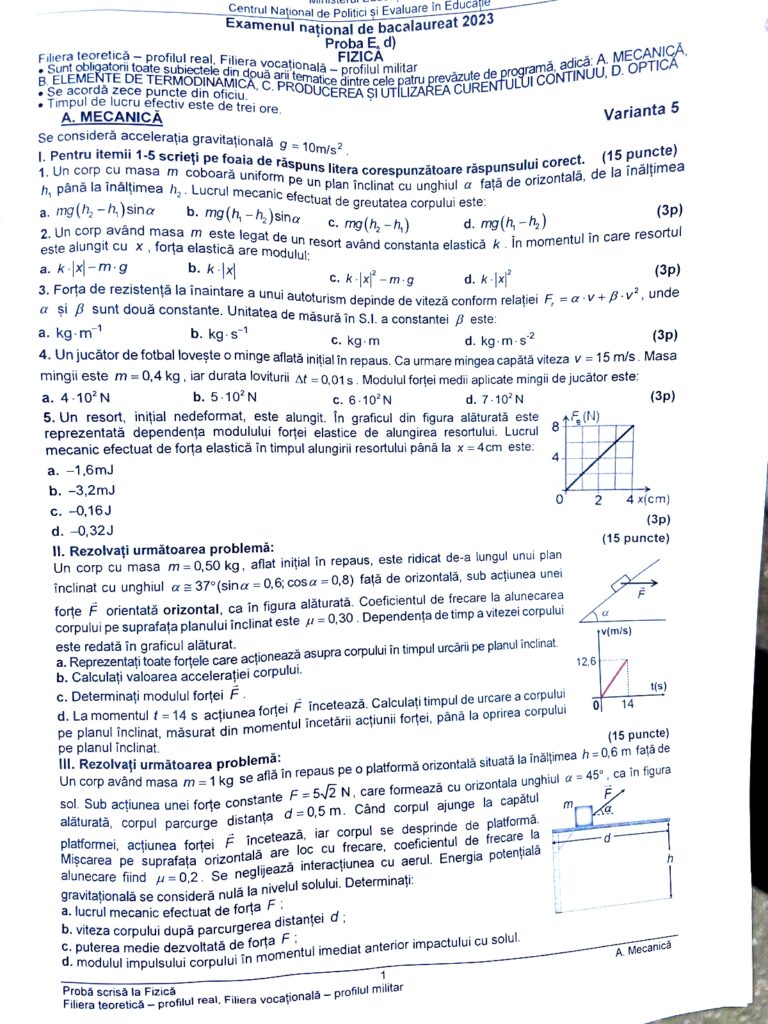 Subiecte fizică BAC 2023. Ce au avut de rezolvat elevii care au ales să dea Bacul la această materie
