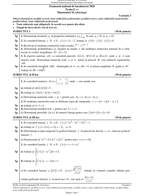 Examenul de BAC la Matematică 2026, pentru elevii de la real, s-a încheiat. Baremul a fost publicat